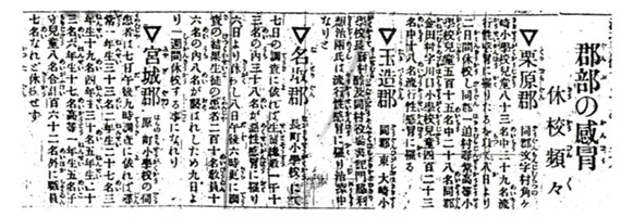 1918年のパンデミックにおける宮城県郡部での流行を伝える当時の新聞記事
